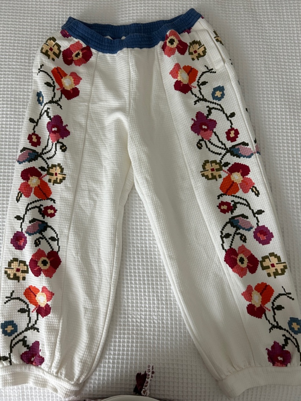 White Floral Embroidered Track Joggers with Blue Waistband